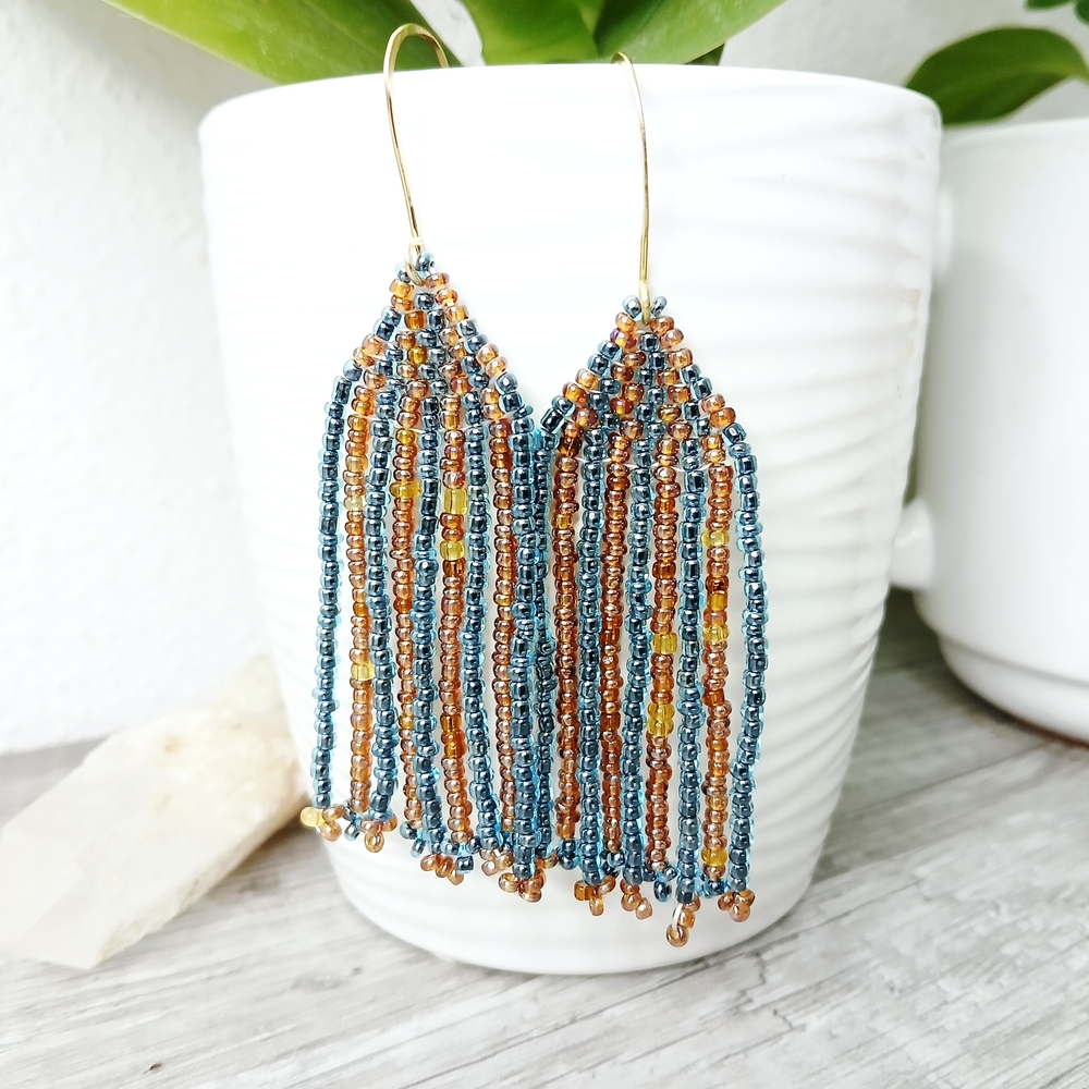 BOGO EARRINGS Blue and Gold Beaded Fringe Cascade Dangle Earrings 3.5"